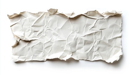 Paper sheet with rough edges, folded and creased, laying flat on a white background, with detailed texture.