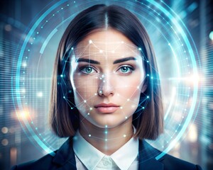 ฆmart technology for face recognition, double exposure. Biometric identification, futuristic cyber security, scanning, and facial detection