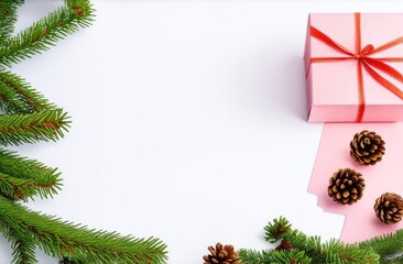 Christmas banner with fir branches, pine cones and a gift in pink packaging on a white background.