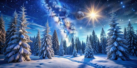 Magical nighttime scene of a snow-covered forest, with towering trees, sparkling snowflakes, and a stunning, starry sky, illuminated by soft, moonlight.