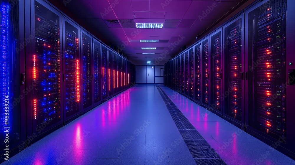 Poster illuminated server room with rows of servers and glowing lights.