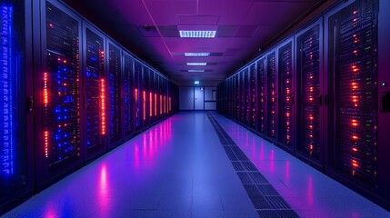 Illuminated Server Room with Rows of Servers and Glowing Lights.