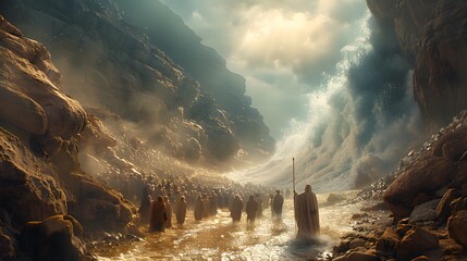 Show the awe-inspiring moment of Moses raising his staff, causing the Red Sea to split into towering waves, with the Israelites walking through the dry path, illuminated by a soft,