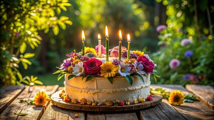 A delicate, hand-crafted birthday cake adorned with colorful flowers and candles sits atop a rustic wooden table, surrounded by lush greenery and dappled light.