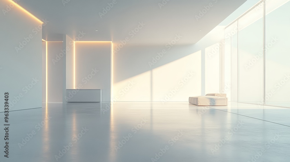 Poster minimalist white room with stark design, evoking a futuristic and abstract atmosphere. clean lines a