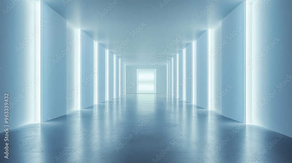 Poster minimalist white room with stark design, evoking a futuristic and abstract atmosphere. clean lines a