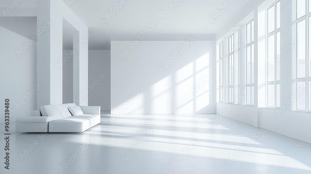 Poster minimalist white room with stark design, evoking a futuristic and abstract atmosphere. clean lines a
