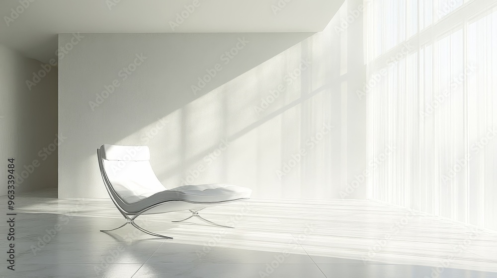 Poster minimalist white room with stark design, evoking a futuristic and abstract atmosphere. clean lines a