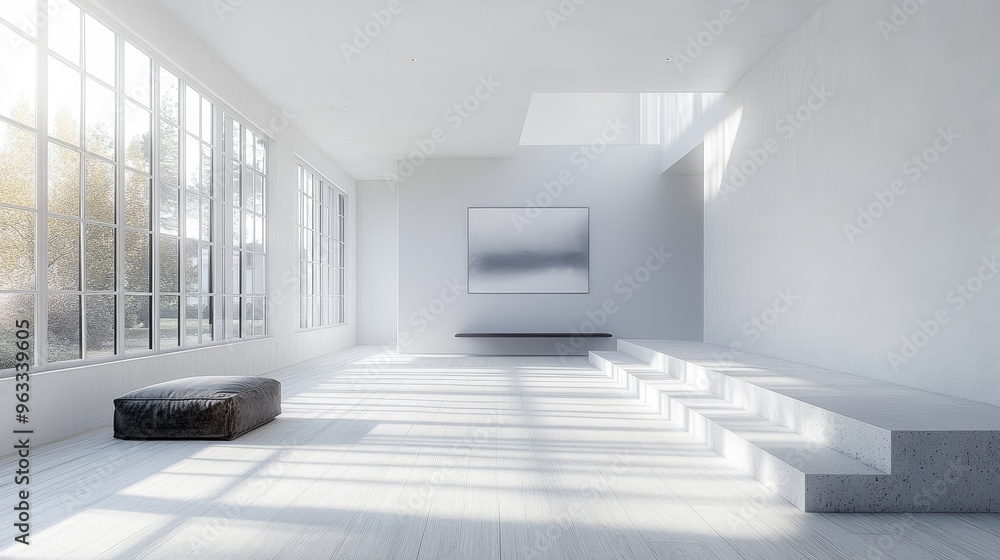 Poster minimalist white room with stark design, evoking a futuristic and abstract atmosphere. clean lines a