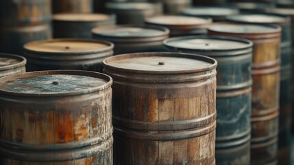 Fototapeta premium Rows of weathered wooden oil barrels, capturing the essence of preserving the past with eco-conscious storage