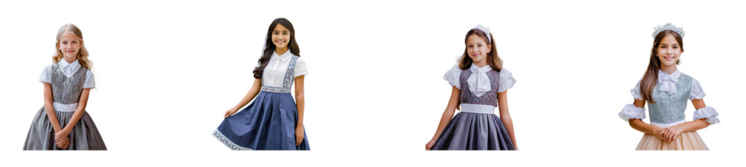 Fototapeta premium Beautiful schoolgirl in dress at the from at school transparent background tope view
