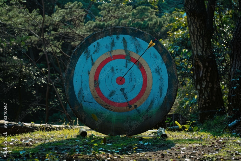 Poster old archery target stands in a forest clearing with an arrow in the bullseye