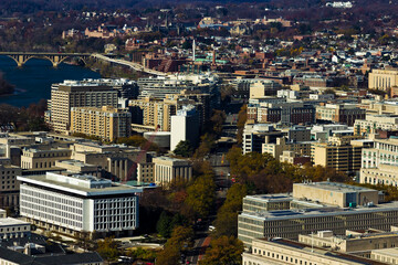 Vantage point looking along Virginia Avenue NW and the surrounding buildings in the Foggy Bottom...