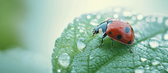Obraz premium Ladybug on a Dew-Covered Leaf