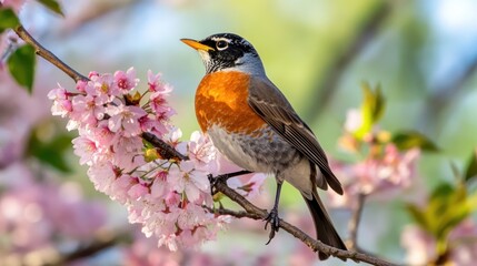 Robin Perched on a Cherry Blossom Branch