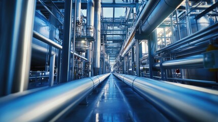 Obraz premium Steel tanks and pipelines stand tall in a hydrogen production facility, showcasing the machinery of energy innovation.