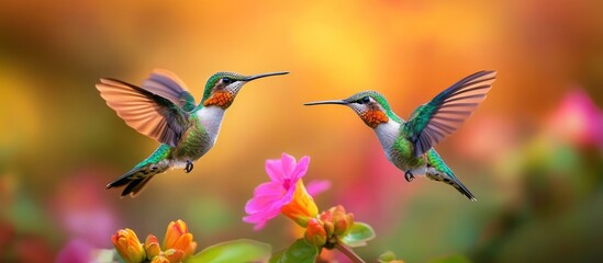 Naklejka premium Hummingbird in Flight with Blurred Floral Background