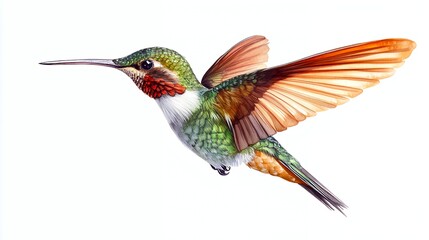 Fototapeta premium A vibrant green and orange hummingbird with a long beak in mid-flight, isolated on a white background.