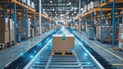 Fototapeta premium Streamlined efficiency in a modern logistics warehouse with advanced technology, bustling activity, and organized processes.