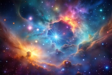 Colorful cosmic nebula in space with stars and bright lights creating galactical and mystical atmosphere
