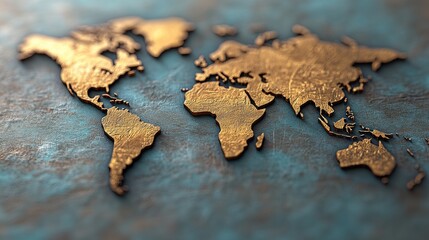 Golden World Map on Blue Background