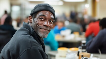 Obraz premium One elderly African-American man smiling gently while sitting in a community dining hall, with a warm and welcoming expression. Vertical image.community outreach, public dining, human conne
