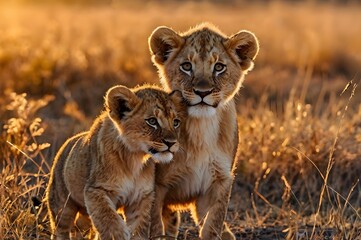 Lion cubs romp and play amidst the tall, golden grass at golden hour