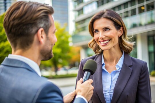 Camera on tripod foreground, businessman giving interview to journalist in office, female reporter interviewing guest speaker for podcast, radio, business talk, media show, broadcasting success story