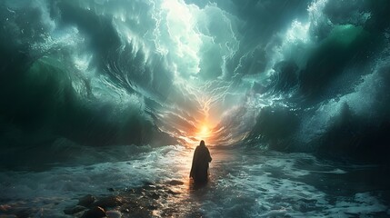 Visualize the ethereal crossing of the Red Sea, with the water shimmering with divine light, creating a surreal pathway as Moses leads the Israelites through the majestic scene0 