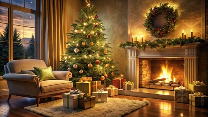 A warm and cozy living room with a crackling fireplace, lush green tree, and presents wrapped in shimmering paper, all bathed in soft, warm evening light.