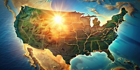 A dramatic overhead view of the USA map, with a low-angle perspective that creates a sense of depth and grandeur, illuminated by soft morning light.