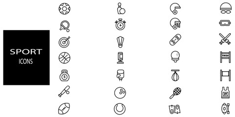 Sport simple concept 28 icons set. Contains such football, basketball, trophy, competition, medal, gym, volleyball.Vector illustration.