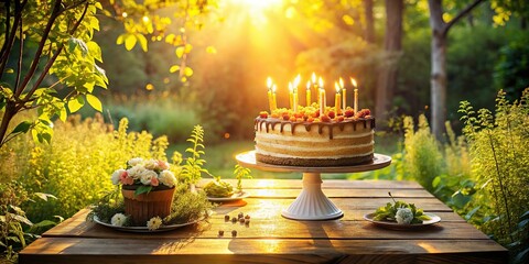In a whimsical outdoor setting, a giant birthday cake with sparkling candles sits atop a vintage wooden table, surrounded by lush greenery and warm afternoon sunlight.