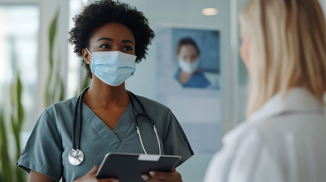 Doctor wearing a face mask holding a tablet and talking to a colleague in the hallway of a modern hospital