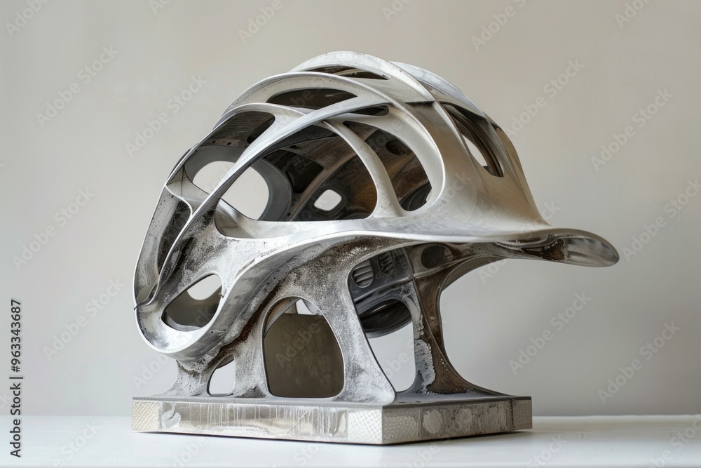 Poster 3d printed helmet prototype with a visible building platform, showcasing additive manufacturing tech