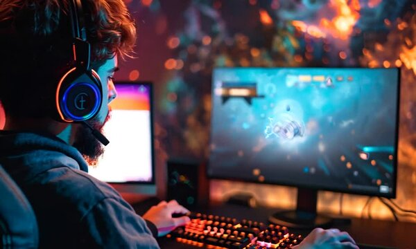 Gamer in the Zone: Intense concentration of a young man locked into an epic battle, illuminated by the radiant glow of his gaming rig, capturing the thrill of esports. 
