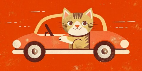 Tabby cat with a red collar posing on a car's steering wheel for a portrait