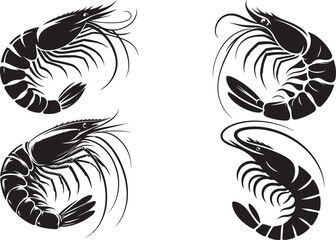 set of shrimp icon silhouette vector illustrations, vintage monochrome shrimp on a white background.