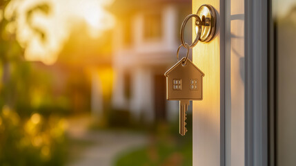 Close-up of a house key in a door lock, with warm sunlight shining through, symbolizing homeownership or real estate.