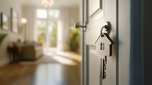 Close-up of a key with a house-shaped keychain in a front door, symbolizing homeownership or real estate investment, with a cozy interior visible. - Powered by Adobe