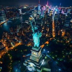Aerial View of the Illuminated Statue of Liberty. Iconic Travel Destination and Tourist Attraction with Manhattan and Brooklyn Office Buildings All Lit Up at Night. Nightlife in New York City 
