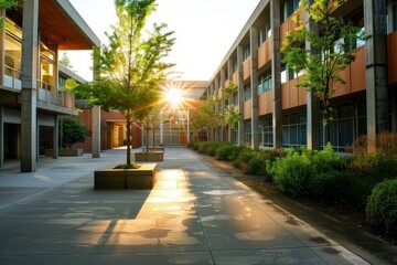 The warm morning sunlight is illuminating a courtyard with trees in front of a modern school building