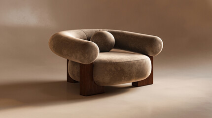 Stylish rounded armchair featuring a dark wood base that enhances any living space, 3d rendering