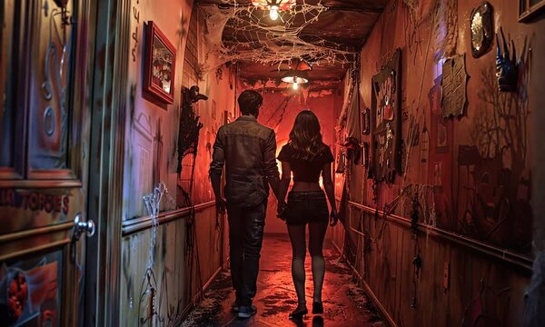 Into the Shadows: A young couple, hands clasped, ventures down a dimly lit hallway in a haunted house, their silhouettes framed against the eerie glow of red light. 