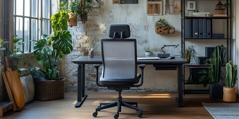 Fototapeta premium A modern home office with a black desk, a mesh-back office chair, a large window with natural light, and plants.