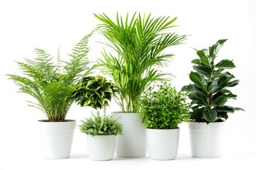 Obraz premium An assortment of potted houseplants, including a palm, a conifer, a fern, a monstera, and a succulent, arranged in matching white pots, illustrating a green oasis in a domestic setting.