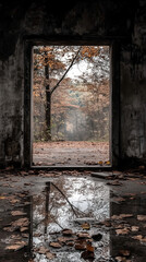 Autumn Reflections Through a Doorway in Abandoned Building