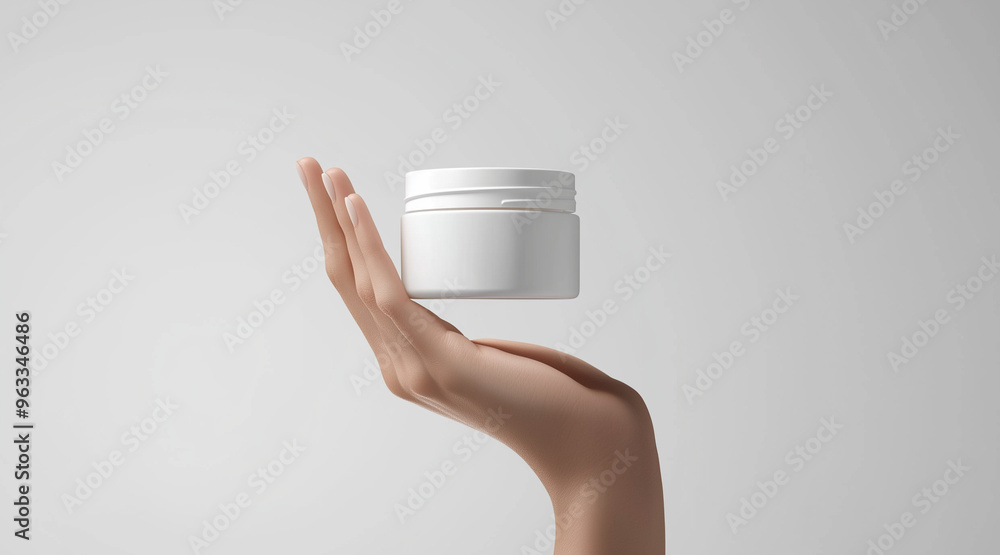 Wall mural Womans hand holding white cream jar mockup beauty product packaging design isolated on white. Cosmetics isolated on white. Photo realistic photo.
