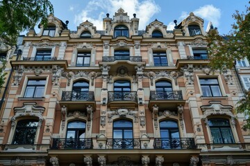 Fototapeta premium Ornate facade of an art nouveau building with balconies and stone carvings, showcasing the architectural style's intricate details