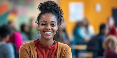 Serene Teacher's Smile: A teacher warmly greeting students in a classroom.